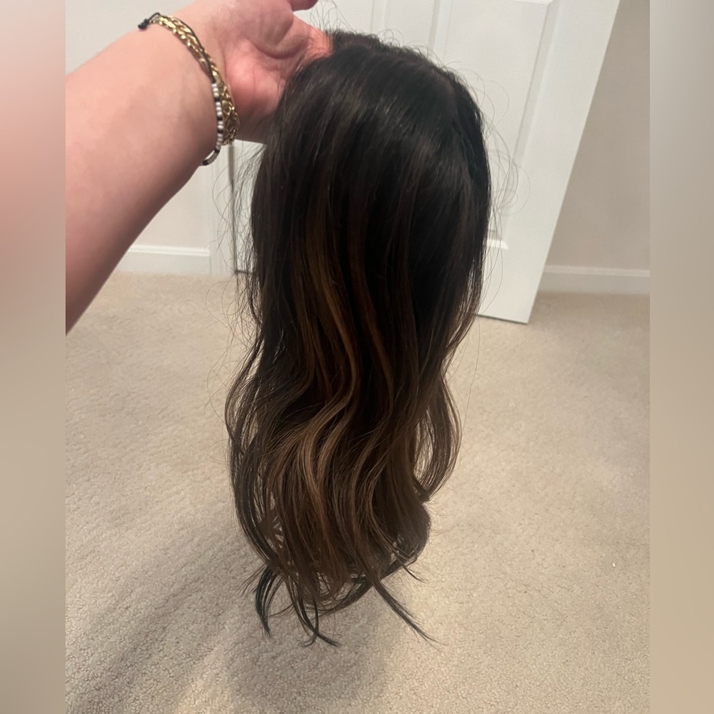 Dark brown 16 inch human hair wig with subtle caramel ashy highlights